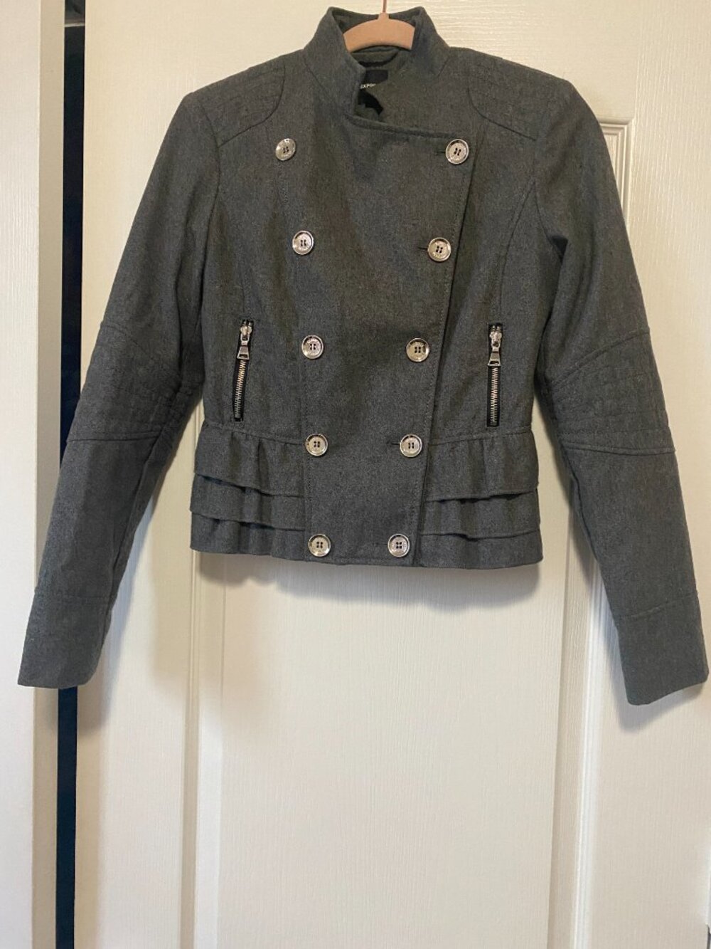 Vintage Express Gray Wool Double Breasted Military Ruffle Peplum Preppy Jacket - Picture 2 of 12